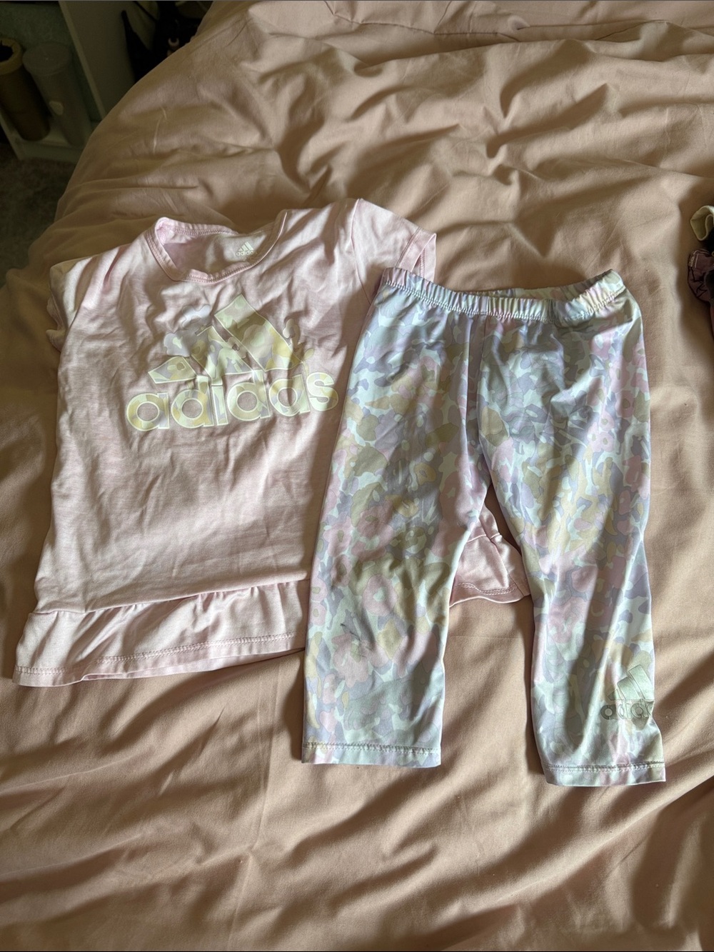 adidas Pastel Pink Tee and Camo Capri set